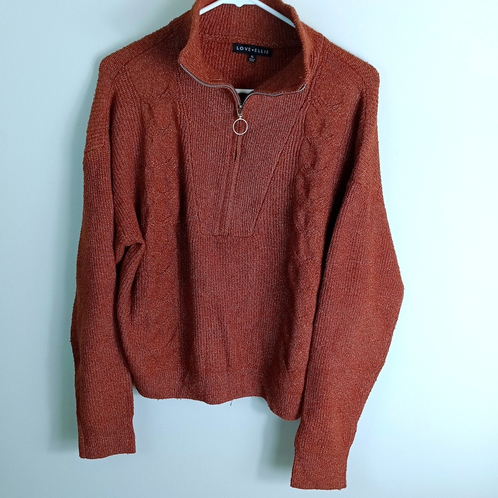 Love Ellie Quarter Zip Sweater Womens XL Rust Orange Excellent Cable Knit Boho